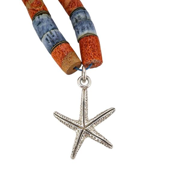Vintage Natural Untreated Blue & Red Coral Heishi Bead Necklace Starfish Pendant - Picture 10 of 14